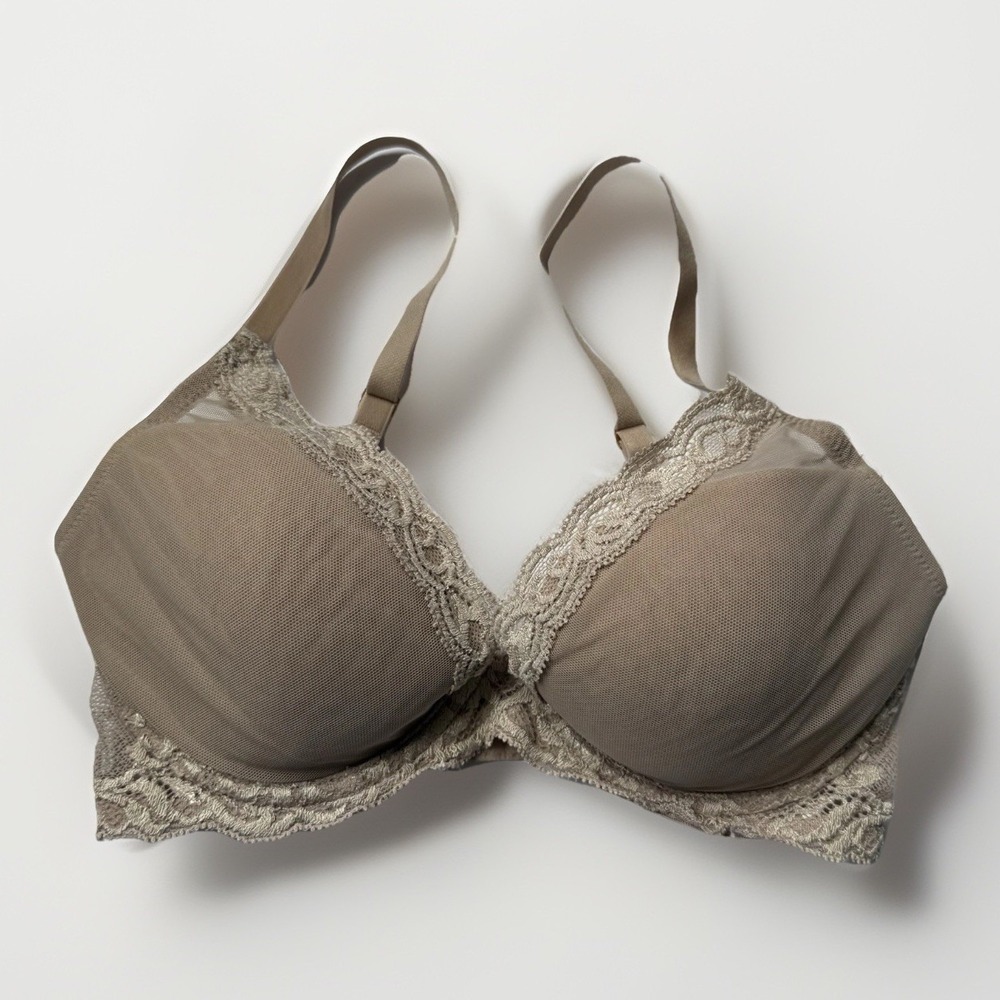 Natori Feathers Plunge Bra 32D Cafe Nude Lace Underwire 730023